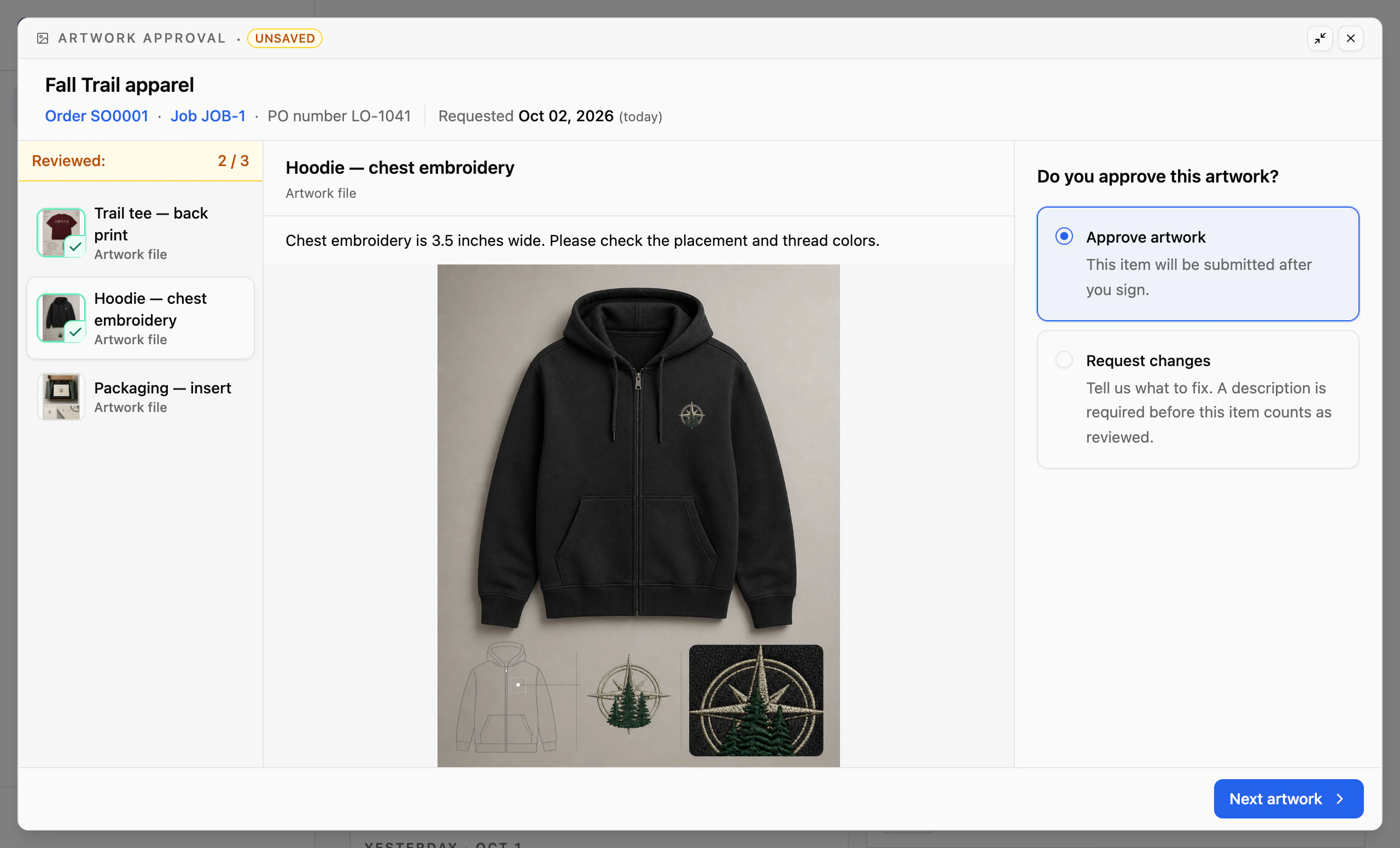 Star & Spindle's artwork review in light mode: the items, the proof and the approve or request changes decision