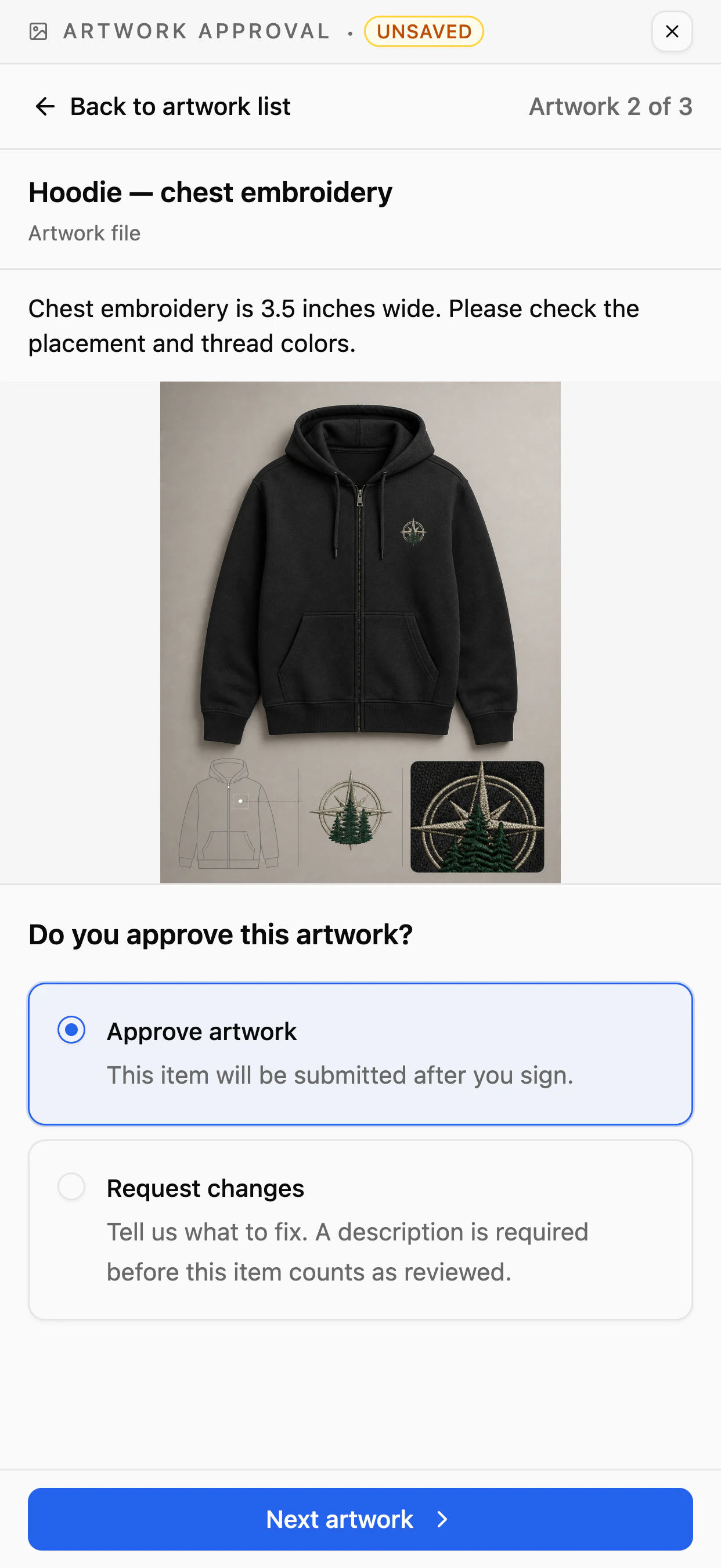 The artwork review on a phone in light mode