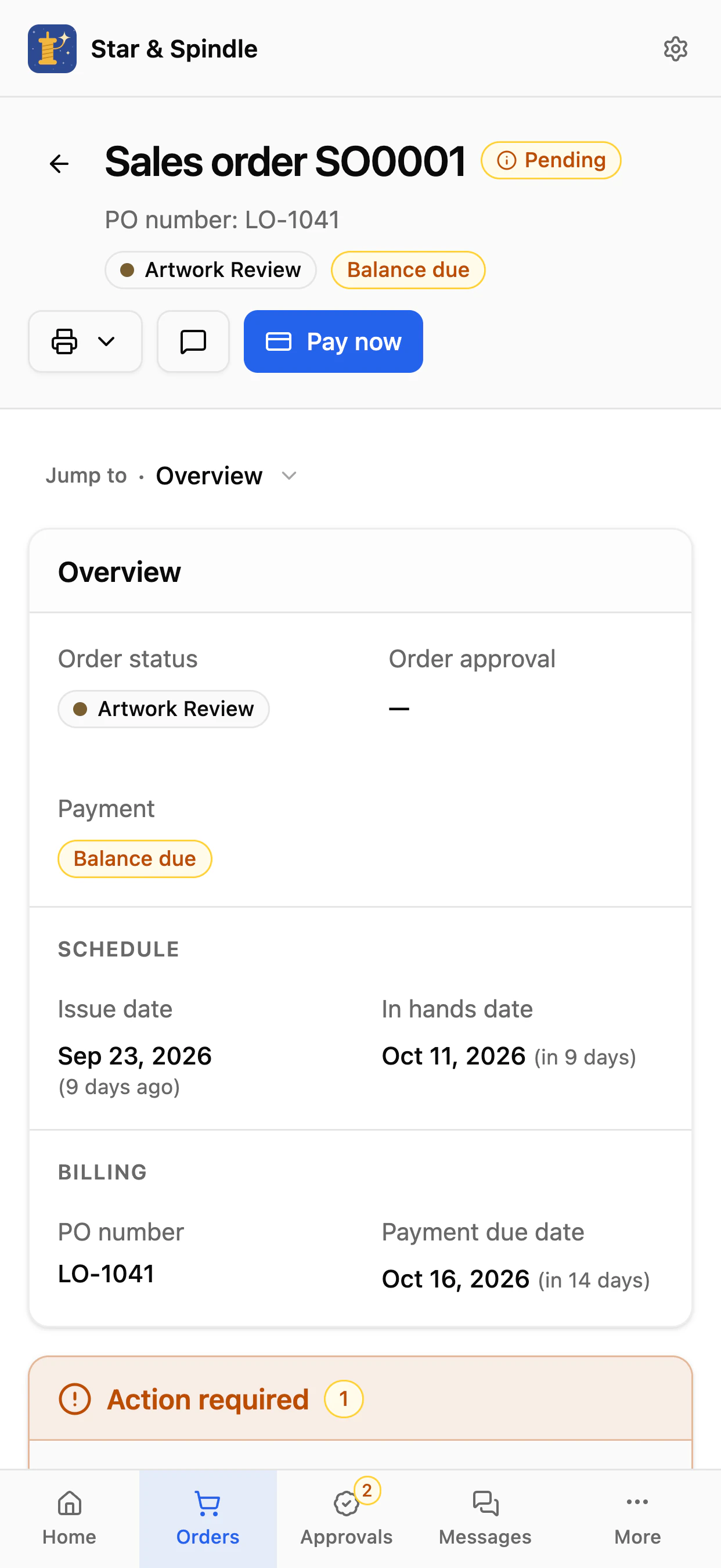 Sales order SO0001 on a phone in light mode
