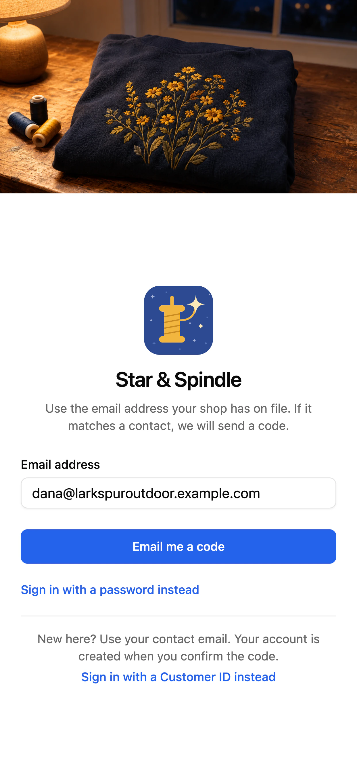 Star & Spindle's portal sign-in on a phone in light mode