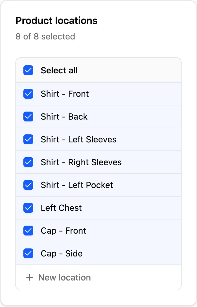 The same service's product locations, including Left Chest, Cap - Front and Cap - Side.
