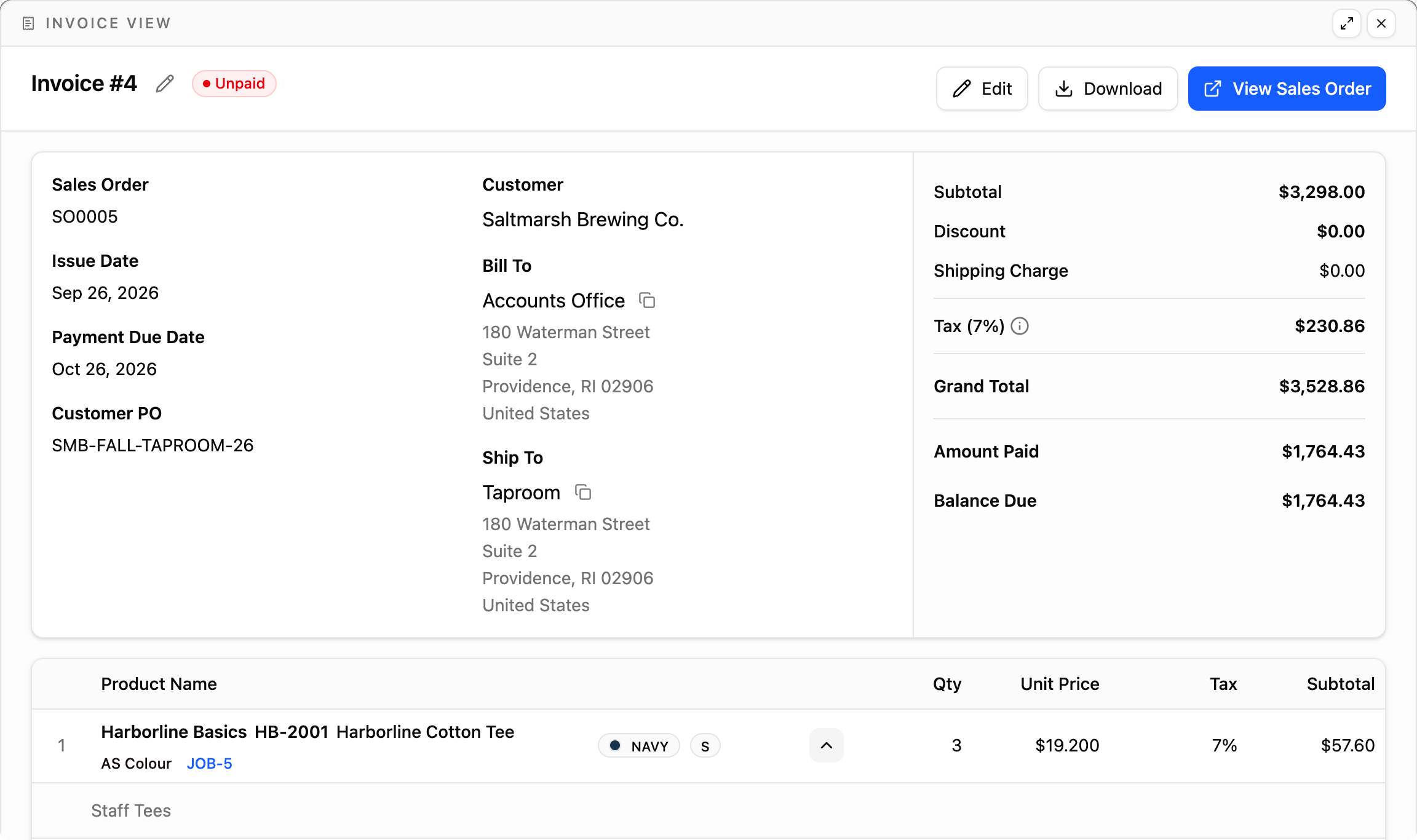 An invoice with every line taxed at 7% and the grand total worked out