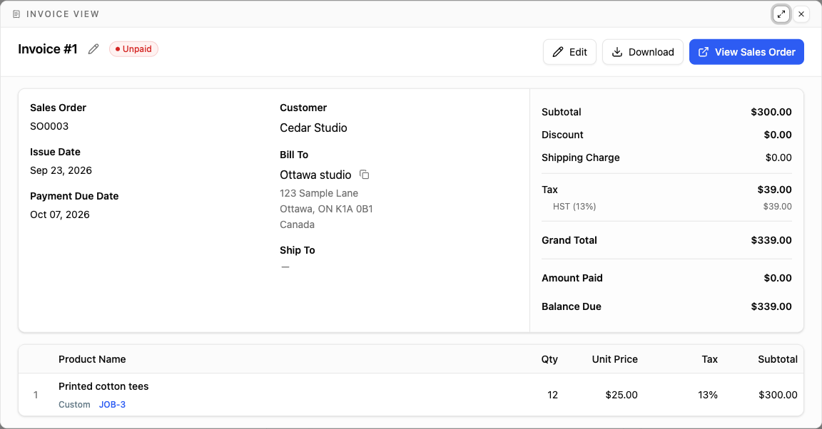 Invoice totals calculated with the Ontario HST preset: $39.00 HST at 13 percent on a $300.00 subtotal, for a $339.00 grand total.