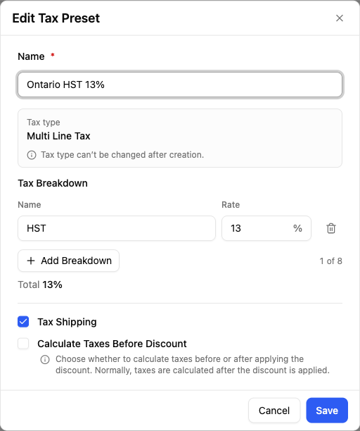 YoPrint custom tax preset configured with Ontario HST at 13 percent.