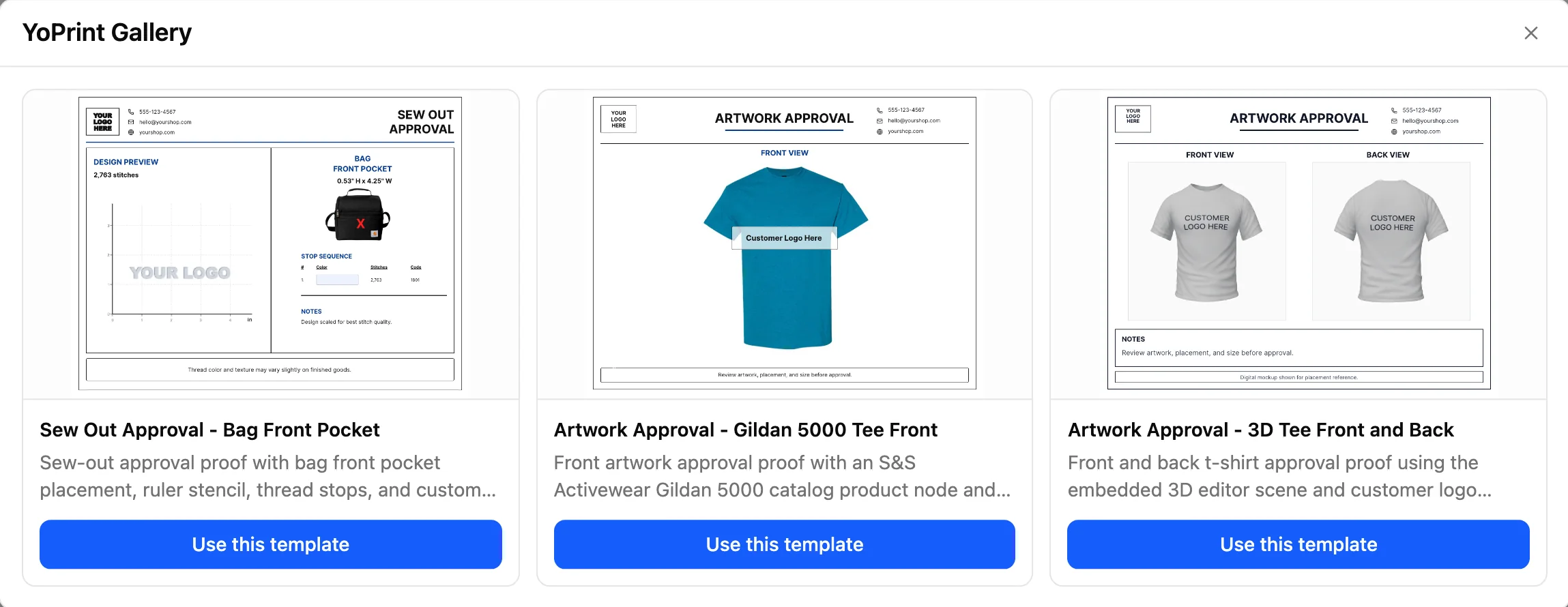 The YoPrint Gallery of starter templates, each with a preview and a Use this template button.