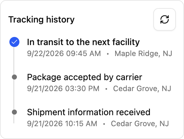 Tracking History in YoPrint with Refresh and three carrier-reported events, from information received to in transit.