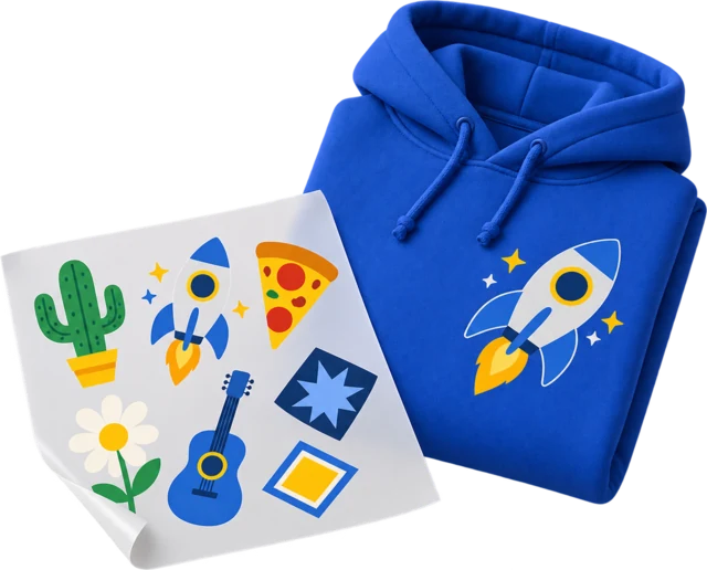A gang sheet of full-colour transfers beside a cobalt hoodie with one design pressed on