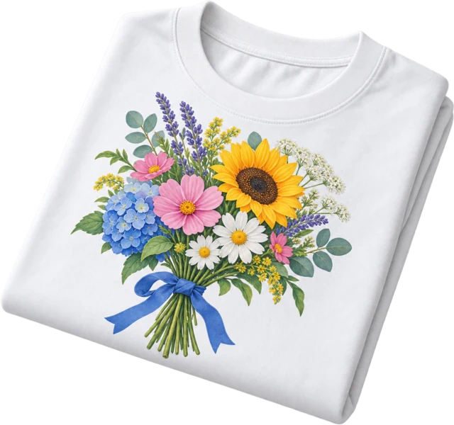 A folded white tee printed in full colour with a bouquet of garden flowers