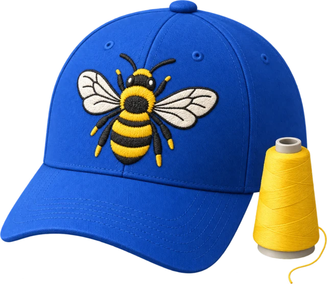 A cobalt cap with a stitched bee and a cone of yellow thread