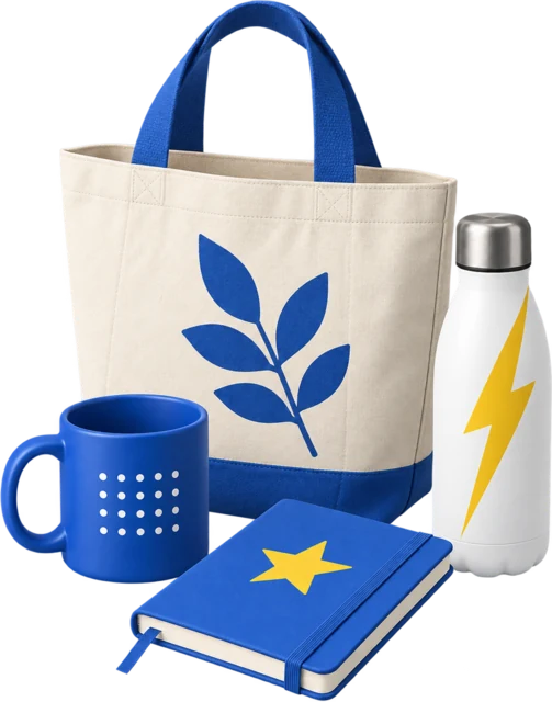 A printed canvas tote, a cobalt mug, a white bottle and a notebook