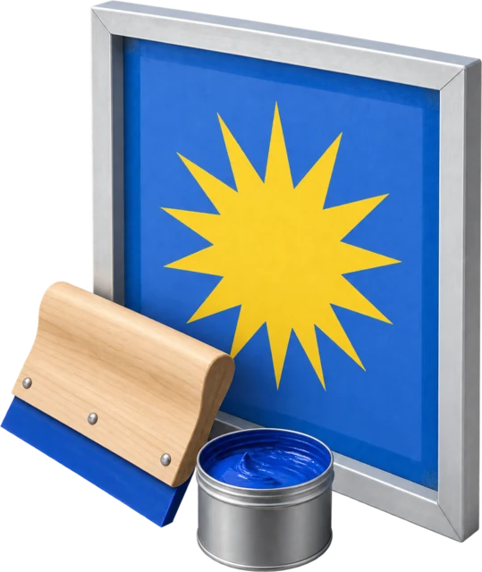 A screen with a stencilled starburst, its squeegee and a tin of cobalt ink