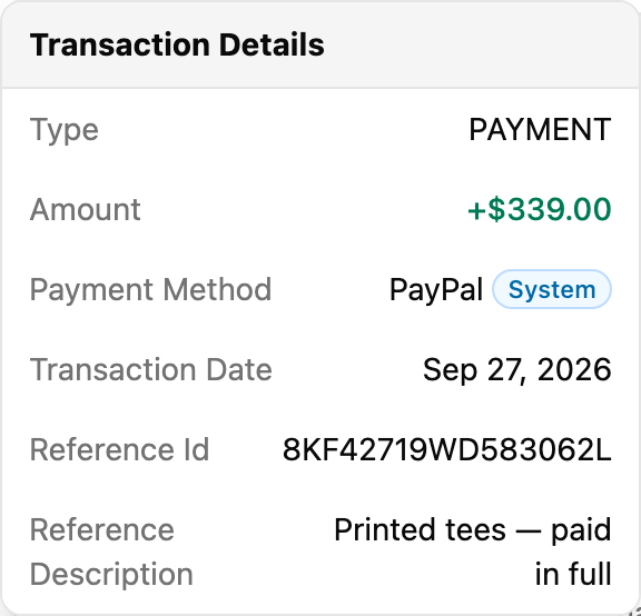 Transaction Details for that payment: a payment of +$339.00 by PayPal, with its date and reference.