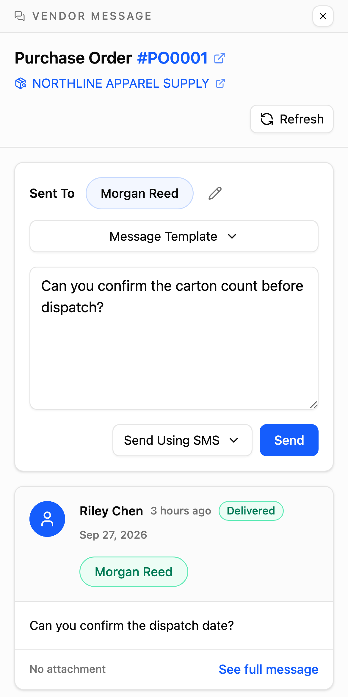 YoPrint Vendor Message dialog for a purchase order: an SMS draft to the vendor contact, ready to send, above the last text sent to them, marked Delivered.