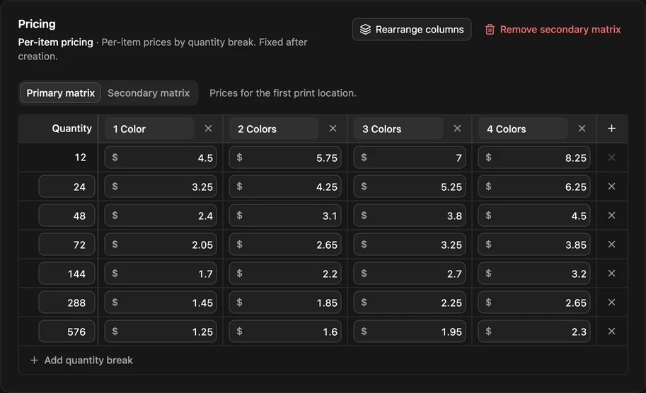 A pricing matrix in YoPrint in dark mode: price per piece by quantity break and number of colours
