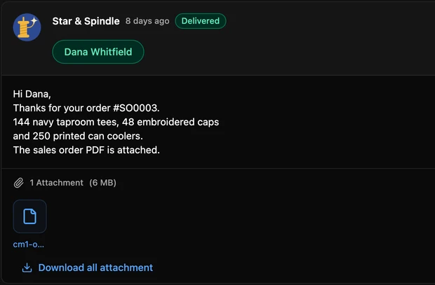 An email sent from the sales order in YoPrint in dark mode, with the order PDF attached and its delivery status