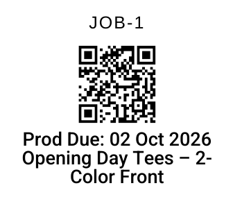 The Opening Day Tees job's cell from the same worksheet, shown larger: its QR code, production due date and job name.