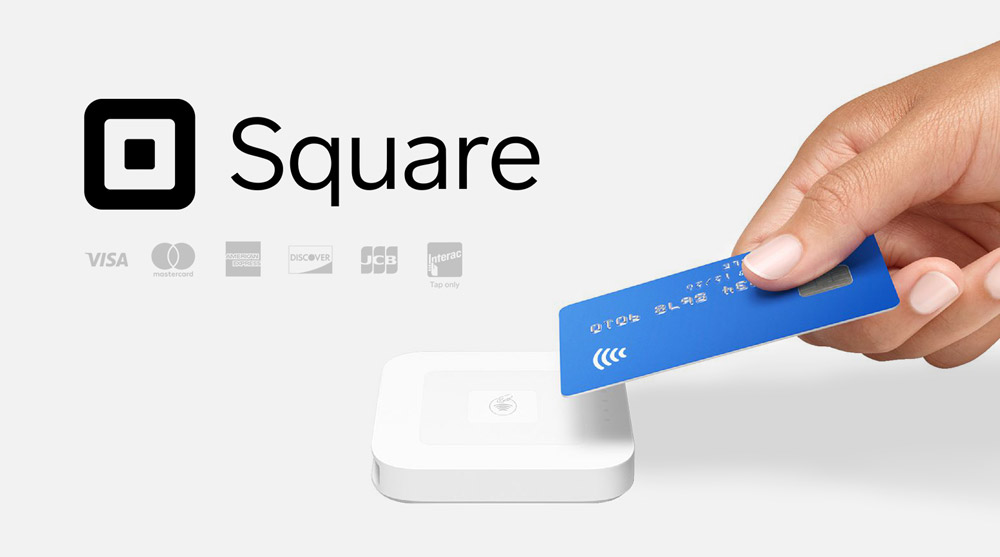 Square payment logo and a credit card being tapped on a POS.