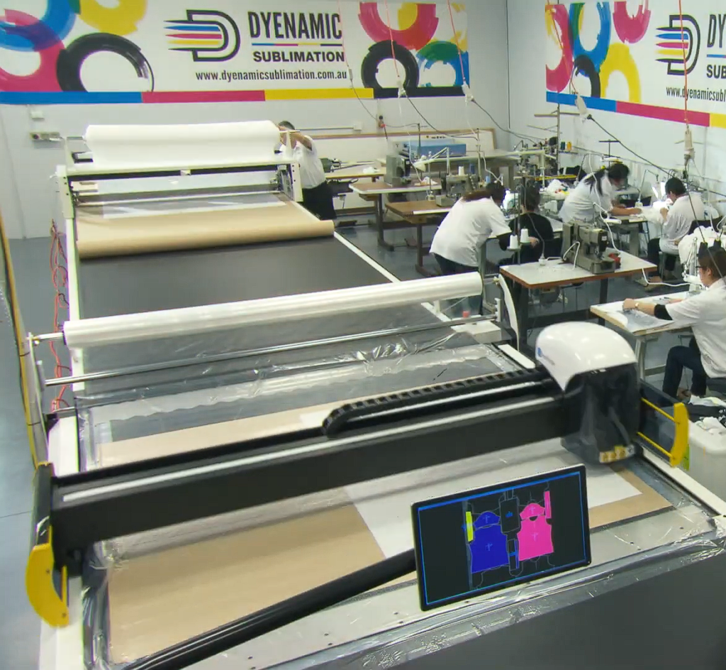 An automated cutting machine operating in a cut and sew shop